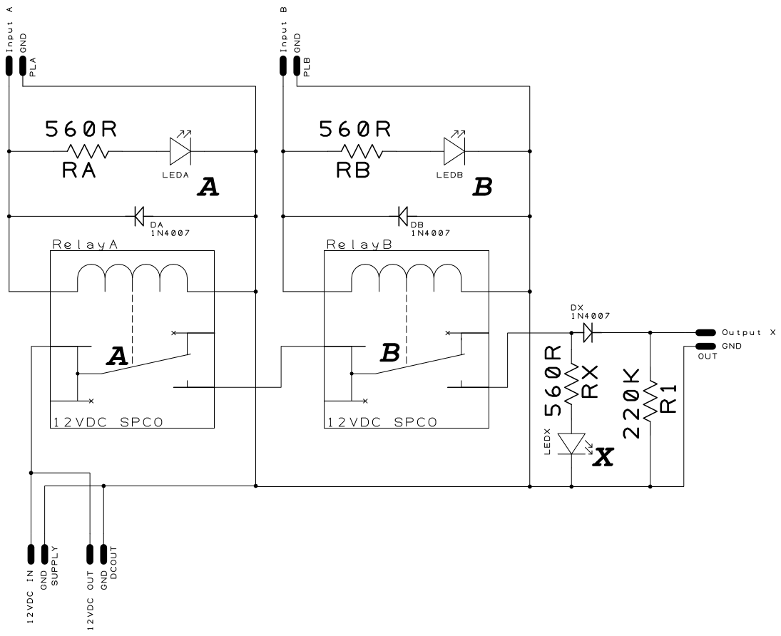 AND logic-gate circuit with two relays.